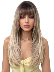 Peruca par lung tuns in stil fluture, breton, culoarea blond saten suvitat, radacini inchise, lungime 55 cm