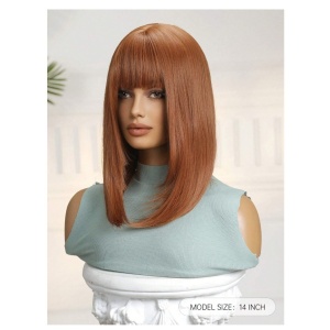 Peruca pentru femei, bob lung cu breton, imita parul natural, 40 cm, culoarea roscat - Img 5
