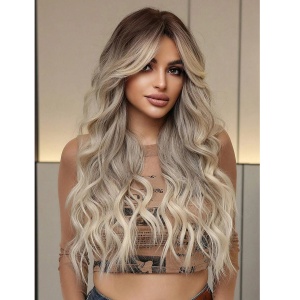 Peruca pentru femei cu par lung ondulat, breton, culoarea blond cenusiu balayage, 65 cm - Img 3