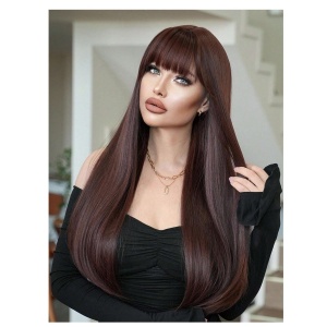 Peruca pentru femei, par lung cu breton, imita parul natural, 70 cm, culoarea maro roscat - Img 5