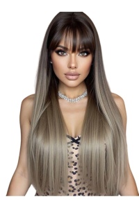 Peruca pentru femei, par lung drept, cu breton, imita parul natural, 70 cm, culoarea gri maro, theCasius.® - Img 2