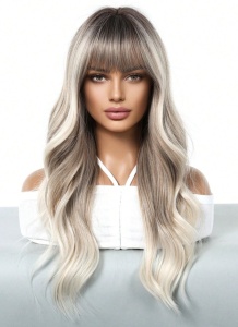 Peruca pentru femei, par lung ondulat, cu breton, 66 cm, culoarea blond rece suvitat, radacini inchise - Img 4
