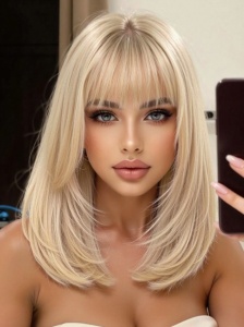 Peruca pentru femei, par lung ondulat, cu breton, imita parul natural, 35.5 cm, culoarea blond deschis, theCasius.® - Img 3