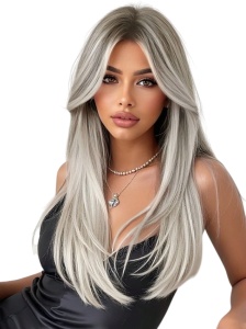 Peruca pentru femei, par lung tuns in scari, cu breton, culoarea blond cenusiu, lungime 45 cm, theCasius.®