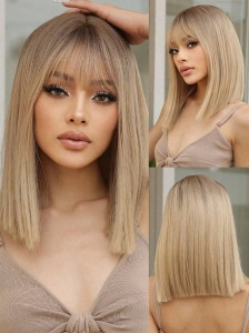 Peruca pentru femei, par lungime medie drept, cu breton, 40 cm, culoarea blond natural - Img 2