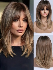 Peruca pentru femei, par mediu drept, cu breton, imita parul natural, 50 cm, culoarea saten suvitat - Img 3