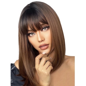 Peruca pentru femei, par scurt drept cu breton, culoarea saten natural, 40 cm