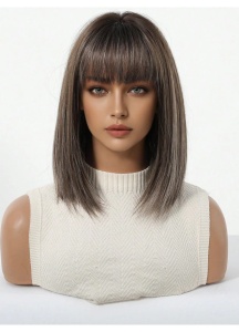 Peruca pentru femei, tunsoare Bob scurta cu breton, fibra sintetica cu aspect natural, 30 cm, brown ombre - Img 4
