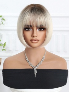 Peruca pentru femei, tunsoare par scurt bob, cu breton, lungime 25.4 cm, culoarea blond auriu cu radacini inchise - Img 5