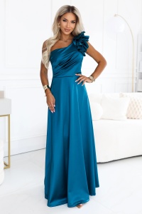 Rochie de seară maxi din satin, cu un umăr gol, cu volănaș decorativ - verde mare