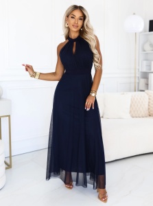 Rochie de seara maxi eleganta tip halter cu tul si curea la talie - bleumarin