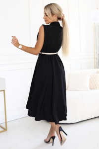 Rochie elegantă midi cu nasturi aurii și curea - neagră - Img 3