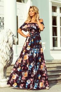 Rochie lungă cu decolteu spaniol - neagră cu flori colorate