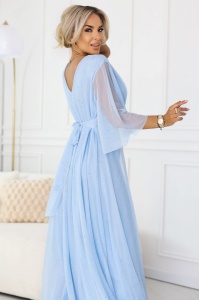 Rochie lungă strălucitoare plus size cu decolteu și mânecă transparentă - albastru deschis - Img 4