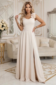 Rochie maxi elegantă de seară cu șlit și trandafiri - bej