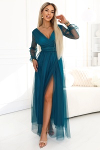 Rochie maxi lungă cu mâneci din tulle și decolteu tip plic - verde sticlă