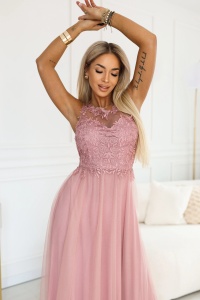 Rochie maxi romantică pentru nuntă cu dantelă brodată și tul - roz pudrat - Img 3