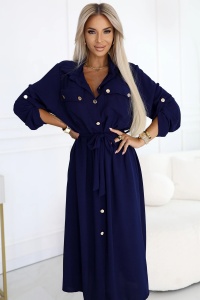 Rochie midi cu nasturi aurii și cravată - Bleumarin