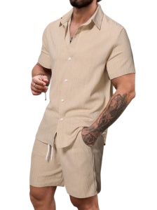 Set casual compus din camasa cu maneca scurta si pantaloni scurti cu snur pentru barbati, culoarea bej