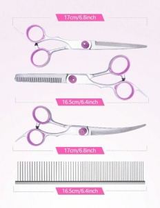 Set foarfece profesionale grooming animale 6 in 1, otel inoxidabil, foarfece curbate si drepte, pieptene inclus, pentru caini si pisici, dreptaci - Img 5