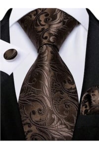 Set pentru barbati clasic, material satinat, include cravata, batista si butoni, culoarea maro, theCasius.®