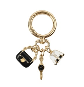 Breloc tip Bag Charm cu pandantiv pentru genti sau chei, 6.5 cm, culoarea auriu si negru