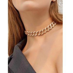Choker tip colier gros cu strasuri pentru femei, model la baza gatului, culoarea auriu - Img 4