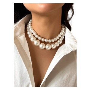 Colier choker cu doua randuri de perle faux, diametru 35+7 cm, culoarea alb