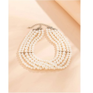Colier choker din multiple siraguri de perle albe faux pentru femei, model la baza gatului, culoarea alb - Img 3