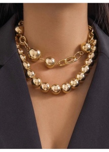 Colier statement pentru femei, cu margele metalice aurii si lant decorativ, accesoriu fashion, 37+7 cm, auriu - Img 2