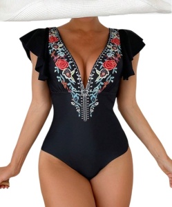Costum de baie intreg pentru femei, design Etnic, culoarea negru