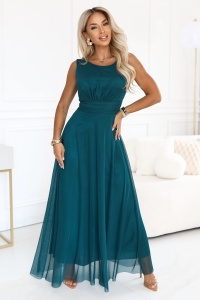 ELIRA Rochie maxi lungă din tul cu decolteu rotund - verde sticlă