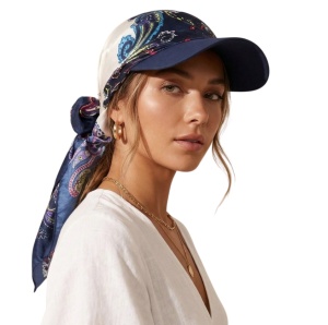 Esarfa-sapca dama stil boem, imprimeu leopard/paisley din satin, bor larg, albastru inchis