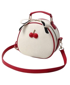 Geanta rotunda Mini Cherry, crossbody, cu maner superior, dimensiuni 20x20x9 cm, culoarea alb si rosu