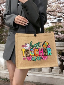 Geanta tote din in cu portofel, model Best Teacher, 31x34x14cm, bej - Img 5