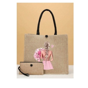 Geanta tote din material de in cu portofel, model Fata cu buchet mare de flori roz, 34x30x17.5 cm - Img 3