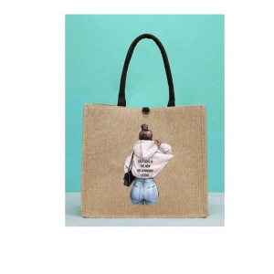 Geanta tote din material de in cu portofel, model Fata cu hanorac alb, 34x31x15x15 cm, culoarea bej - Img 5