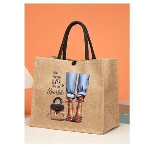 Geanta tote din material de in cu portofel, model Fata pe tocuri, 34 x 31 x 15 cm cm, culoarea bej - Img 3