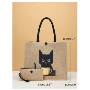 Geanta tote din material de in cu portofel, model Pisica neagra cu ceasca de cafea, 30x34x15x14 cm, culoarea bej - Img 5