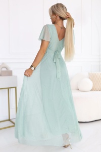 MELANIA Rochie lungă lucioasă cu decolteu și mânecă scurtă - verde fistic - Img 3