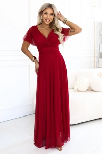 MELANIA Rochie lungă strălucitoare pentru nuntă cu decolteu și mâneci scurte - bordo deschis