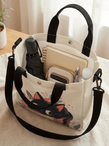 Mini geanta tote dama din panza cu imprimeu pisica, inchidere cu capse, curea crossbody detasabila, model multifunctional - Img 2