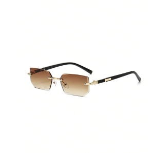 Ochelari de soare unisex retro dreptunghiulari, fara rama, lentile maro, design minimalist metalic, stil Y2K - Img 3