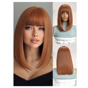 Peruca pentru femei, bob lung cu breton, imita parul natural, 40 cm, culoarea roscat - Img 2