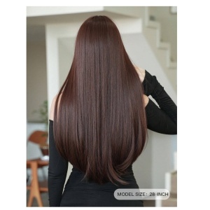 Peruca pentru femei, par lung cu breton, imita parul natural, 70 cm, culoarea maro roscat - Img 2