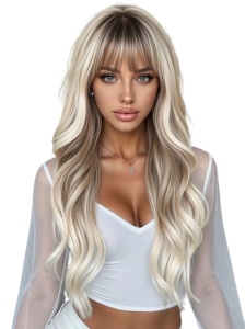 Peruca pentru femei, par lung ondulat, cu breton, 66 cm, culoarea blond rece suvitat, radacini inchise