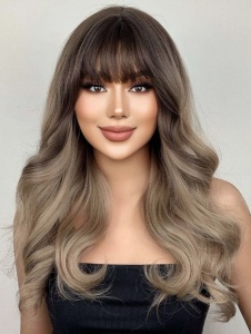 Peruca pentru femei, par lung usor ondulat, cu breton, imita parul natural, culoarea blond cenusiu ombre, lungime 66 cm - Img 4