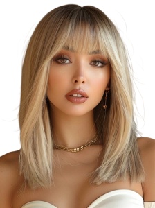Peruca pentru femei, par lungime medie drept, cu breton, 40 cm, culoarea blond natural