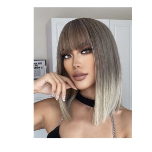 Peruca pentru femei, par scurt drept, cu breton, imita parul natural, culoarea blond ombre, lungime 36 cm - Img 5