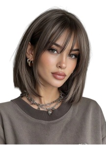 Peruca pentru femei, tunsoare Bob scurta cu breton, fibra sintetica cu aspect natural, 30 cm, brown ombre